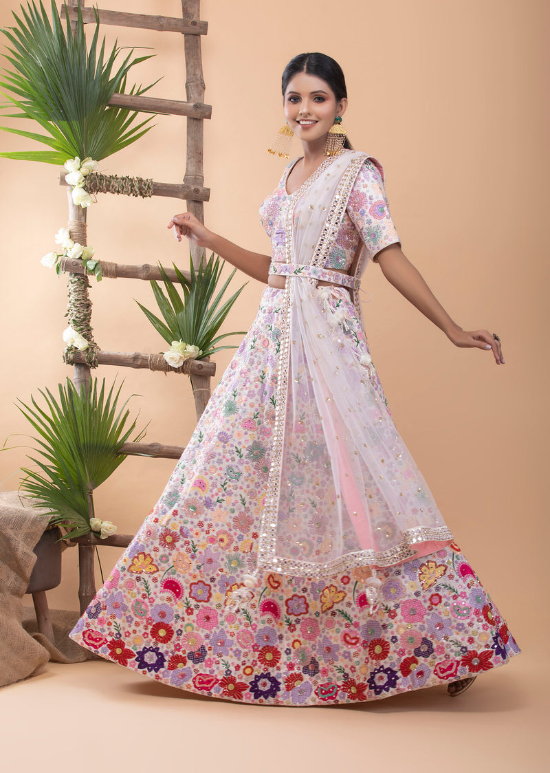 White Lehenga Set with colorful floral design