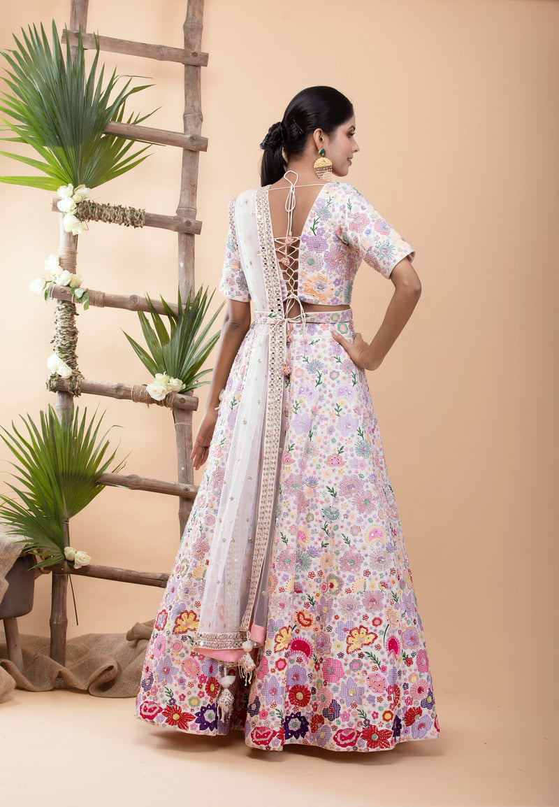 White Lehenga Set with colorful floral design