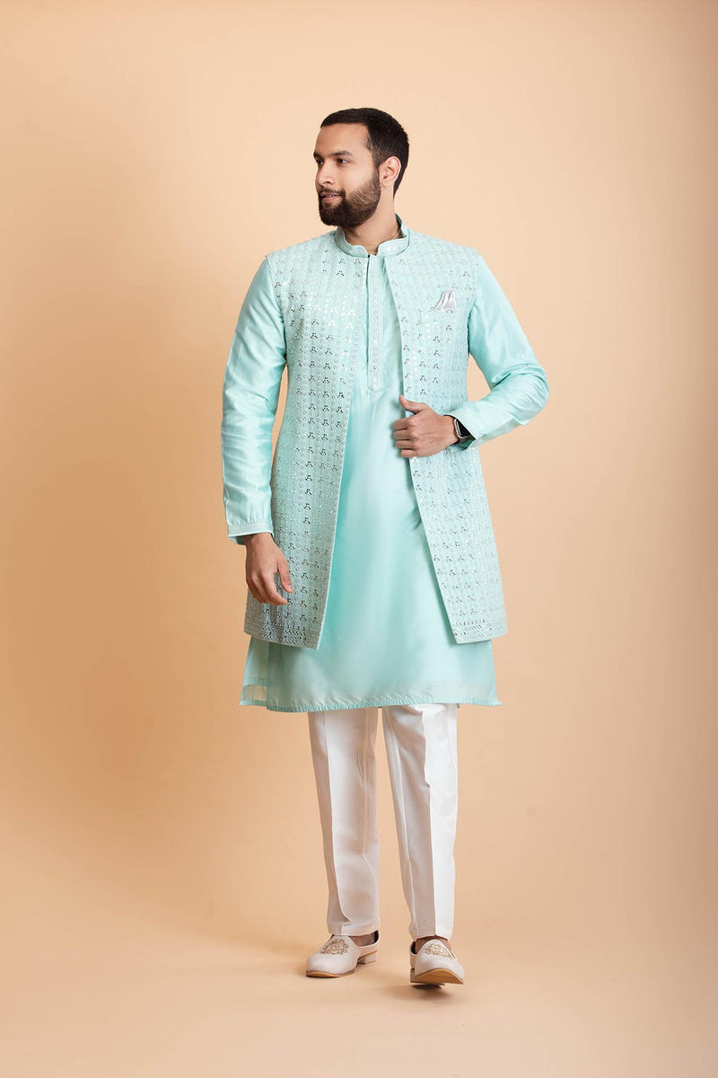 Aqua Blue Silk Indowestern Set