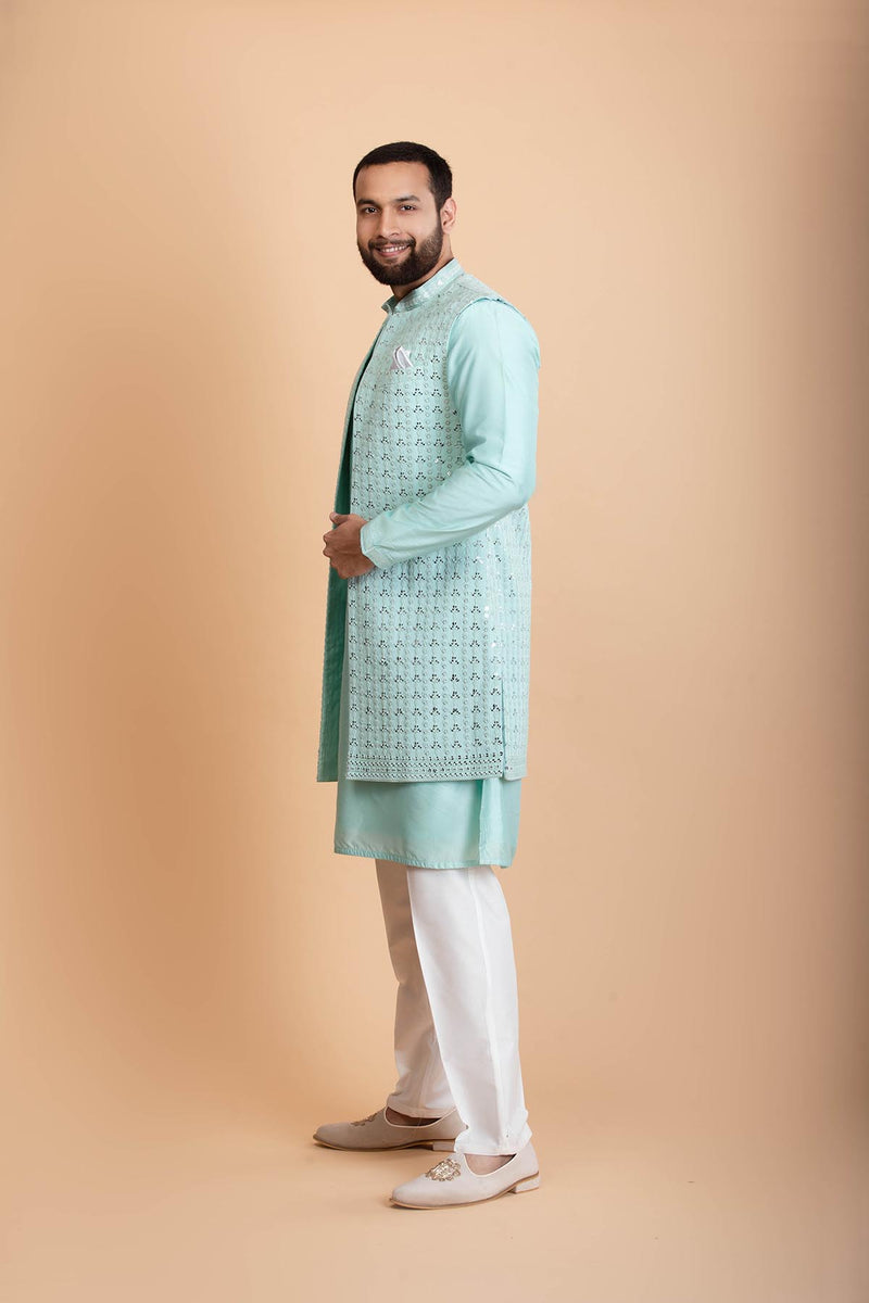 Aqua Blue Silk Indowestern Set