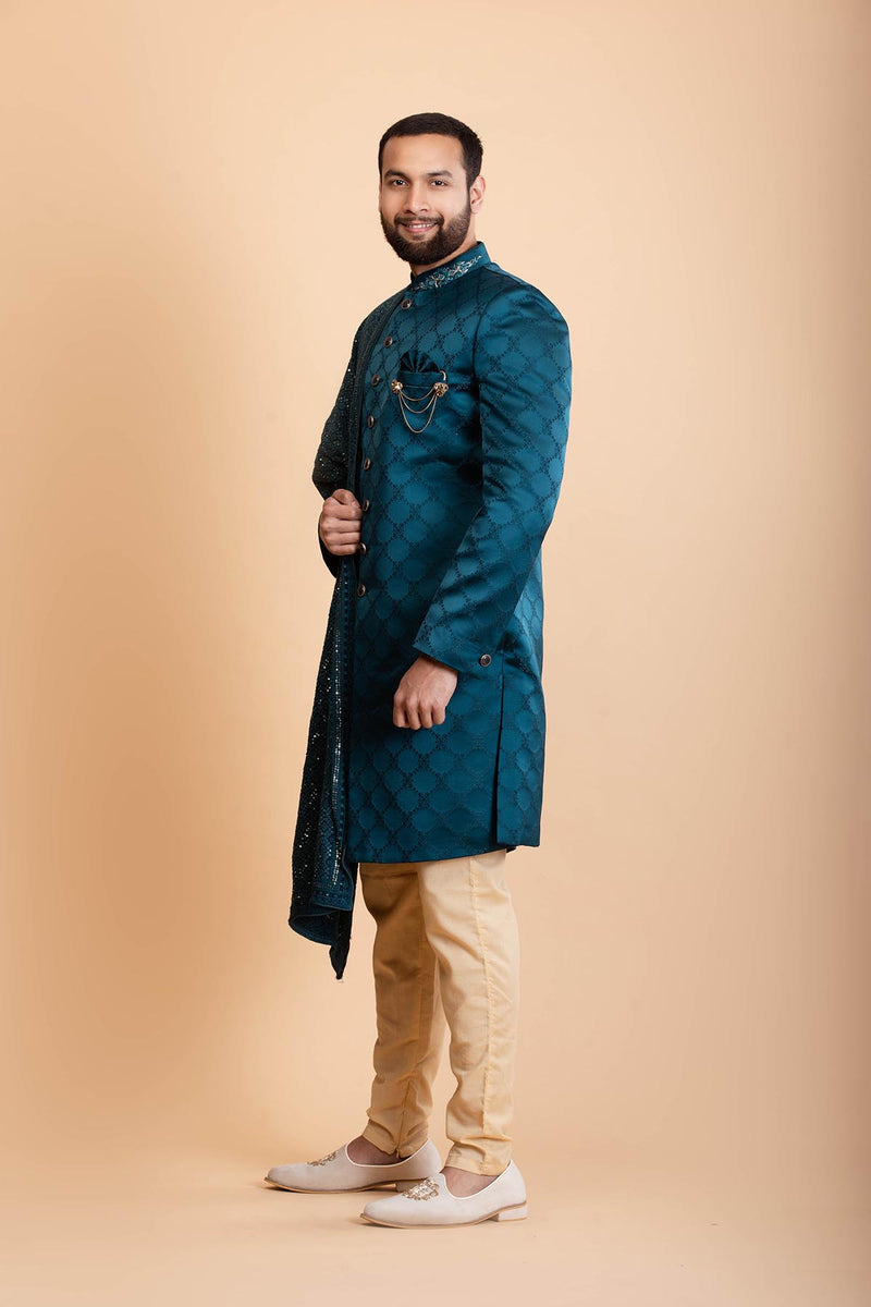 Teal Blue Indo western Sherwani