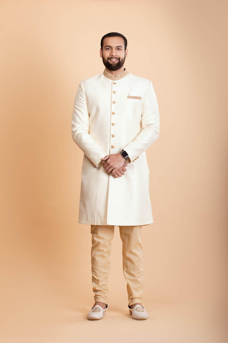 Ivory raw silk sherwani