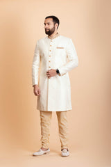 Ivory raw silk sherwani