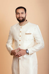 Ivory raw silk sherwani