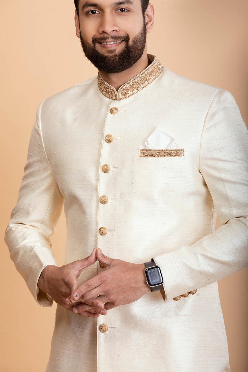 Ivory raw silk sherwani