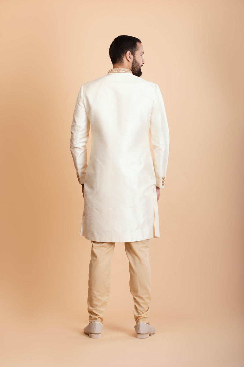Ivory raw silk sherwani