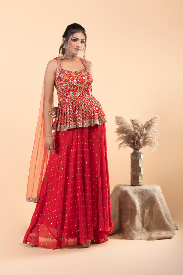 Red Peplum Style Sharara Set