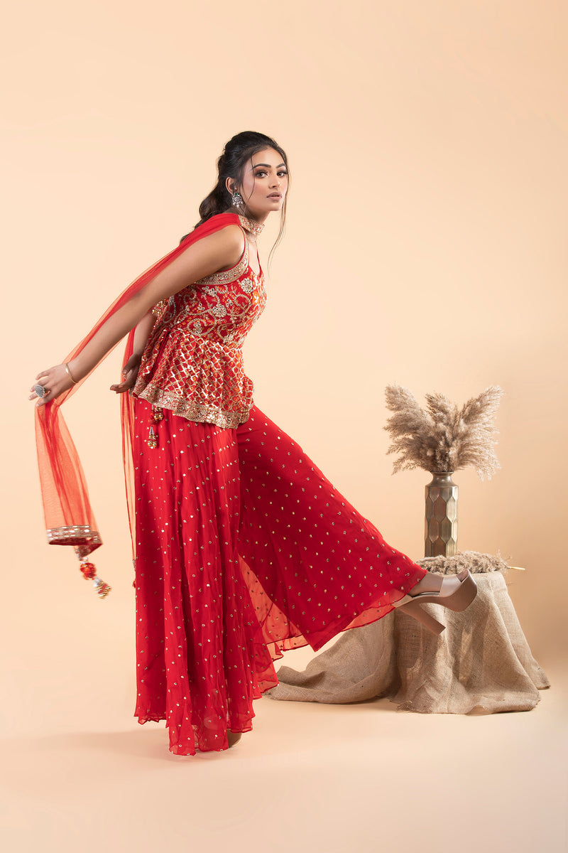Red Peplum Style Sharara Set