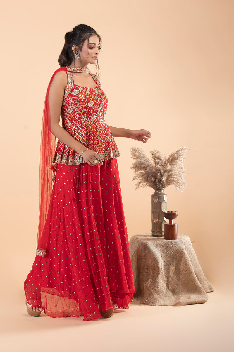 Red Peplum Style Sharara Set