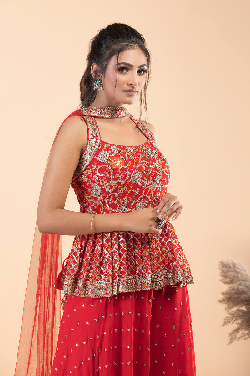 Red Peplum Style Sharara Set