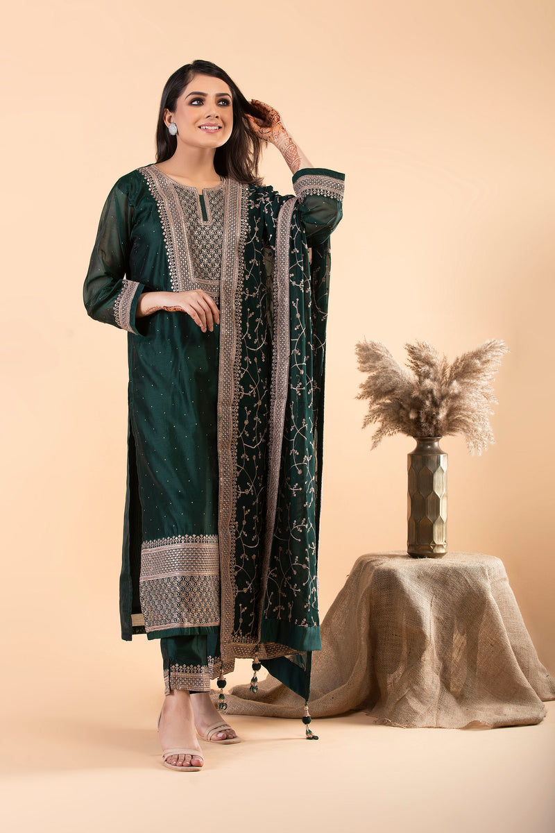 Emerald Green Straight Suit with zari work